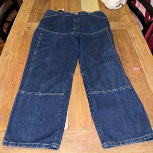 Emergency Exit Workwear Jeans Mens 38x32 Dark Blue Excellent Double Knee Denim